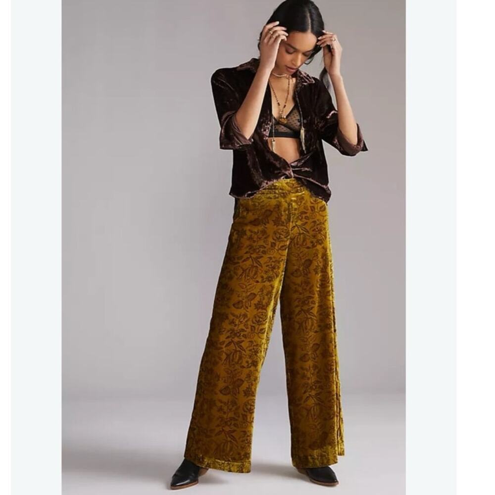 NWT Vintage Anthropologie Green Gold Floral Velvet Wide-Leg Trouser Pants Size 6 - Picture 2 of 11